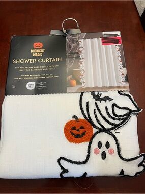 Magic White Embroidered Halloween Shower Curtain with Ghosts & Pumpkin